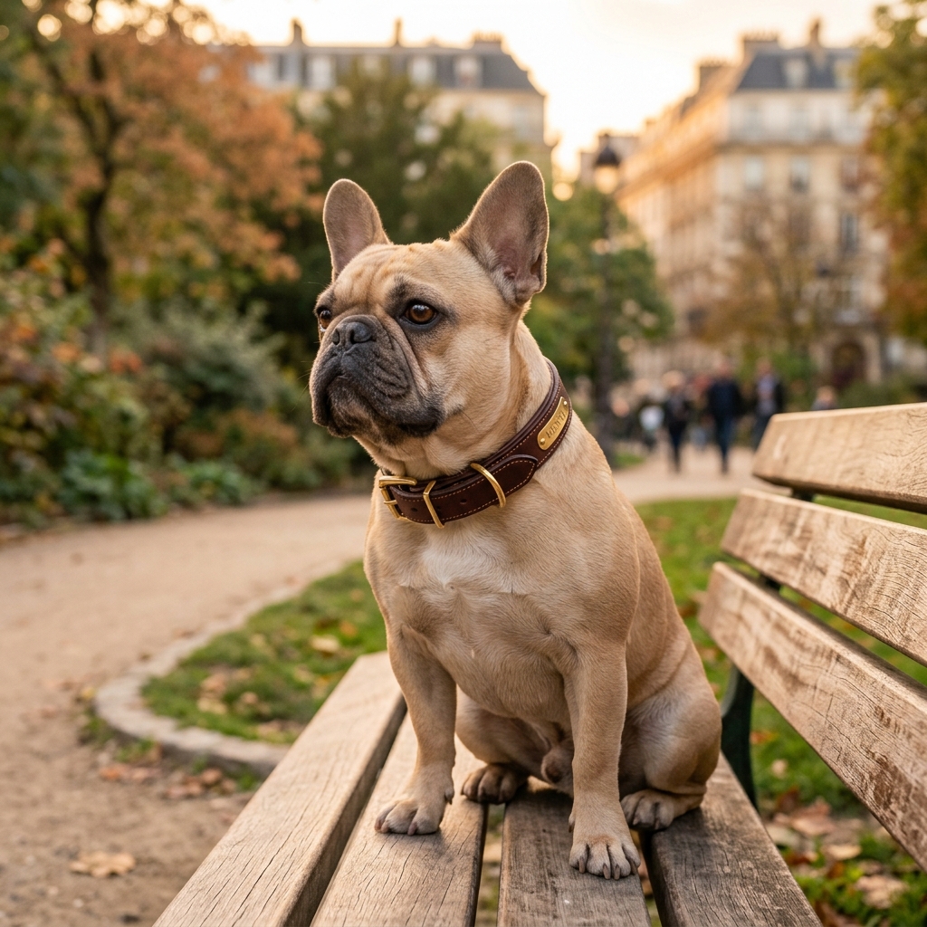 Bouledogue Français sur un banc de parc